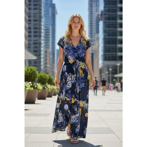 Women's KOH KOH Blue Floral V-Neck Maxi Dress M